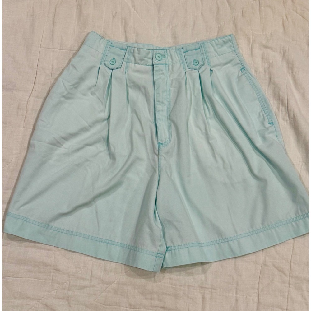 Vintage 80s In-Force INC Blue High Waist Pleated Shorts Button Tab Waist Sz11/12